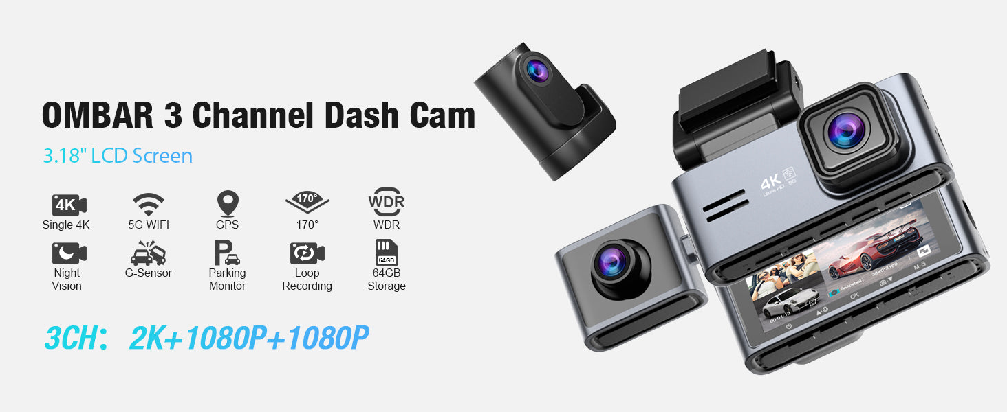 OMBAR M571 Dash Cam Front and Rear Inside 2K+1080P+1080P
