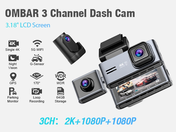 OMBAR M571 Dash Cam Front and Rear Inside 2K+1080P+1080P